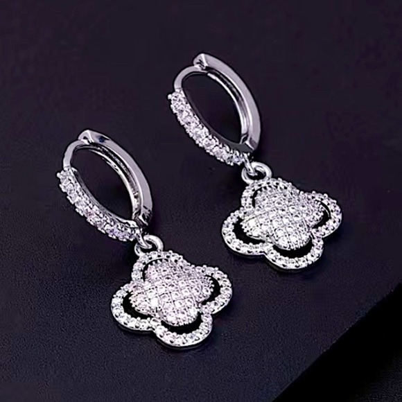 Platinum Silver Four Leaf Clover Cubic Zircon Pave Drop Dangle Earrings - Picture 3 of 5